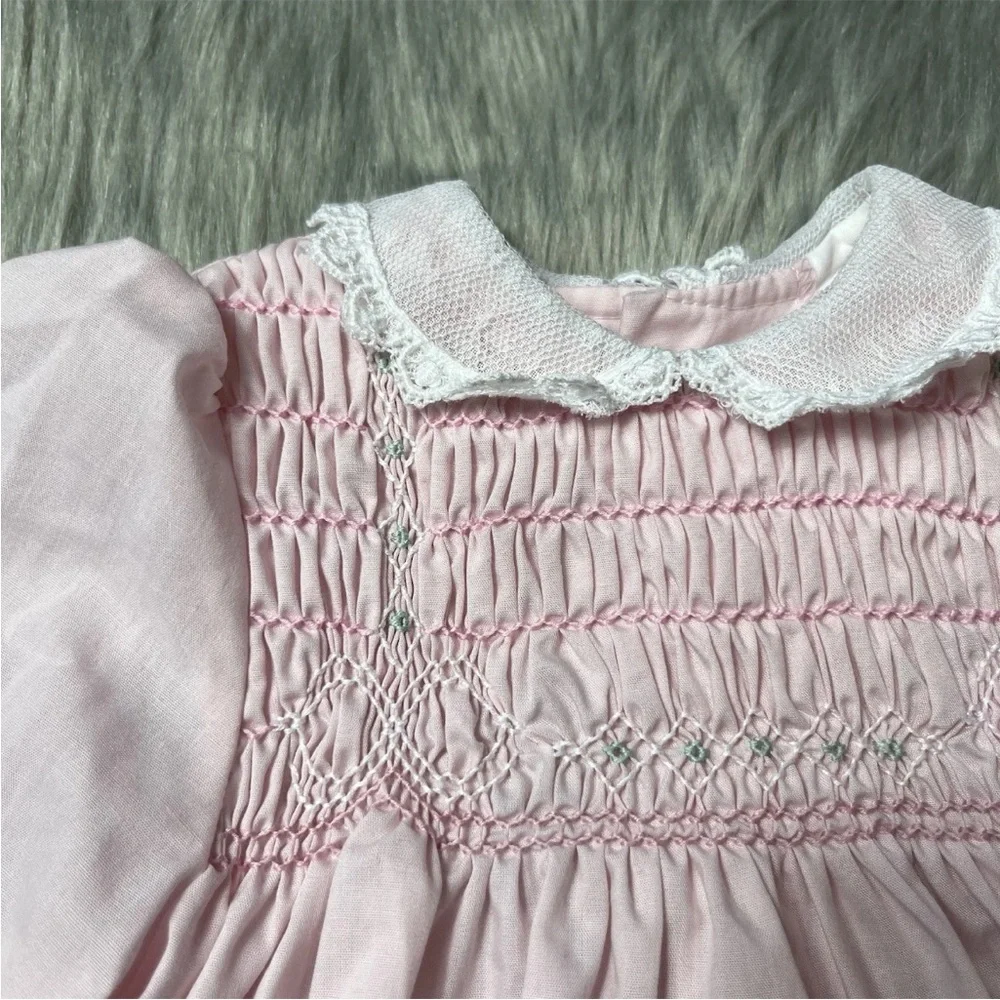 Vintage Polly Flinders Girls Pink White Smocked Ruffle Lace Dress